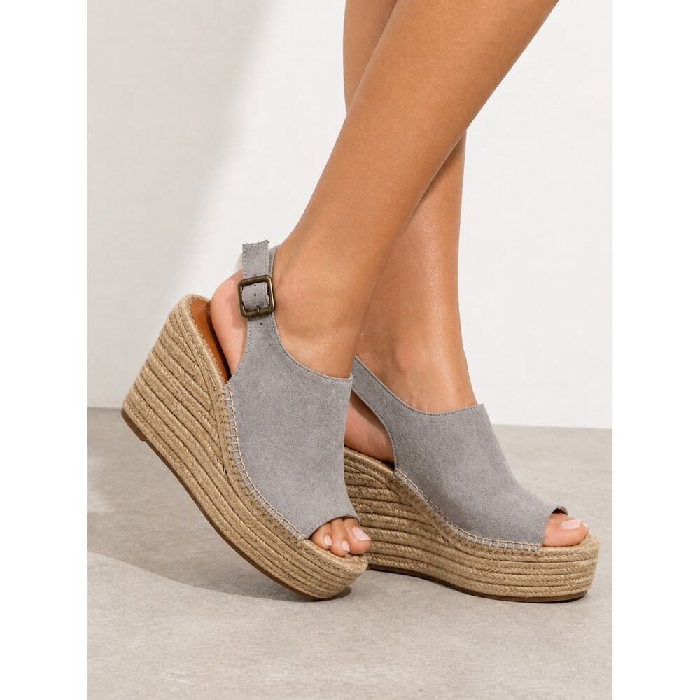 Soludos Sevilla Gray Suede Leather Espadrille Platform Wedge Sandals 9